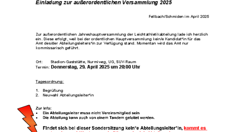 Ausserordentliche Mitgliederversammlung am 29.04.2025