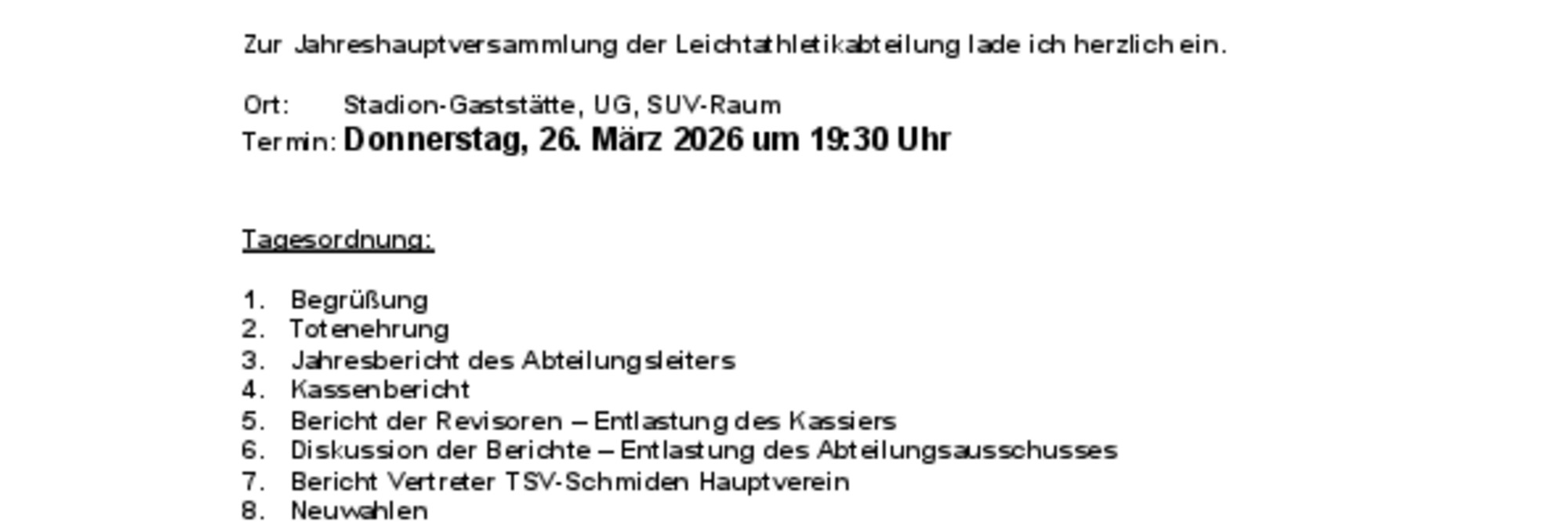Einladung zur Jahreshauptversammlung der Leichtathletik-Abteilung am 26.03.2026