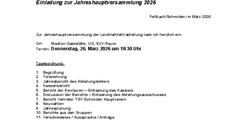 Einladung zur Jahreshauptversammlung am 26.03.2026