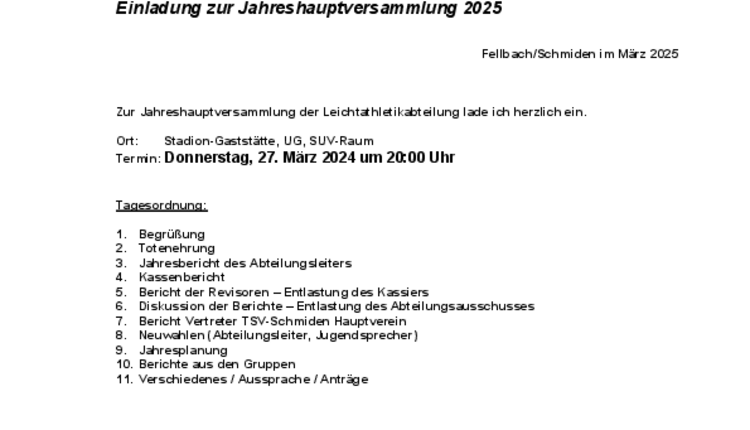 Einladung zur Jahreshauptversammlung der Leichtathletik-Abteilung am 27.03.2025