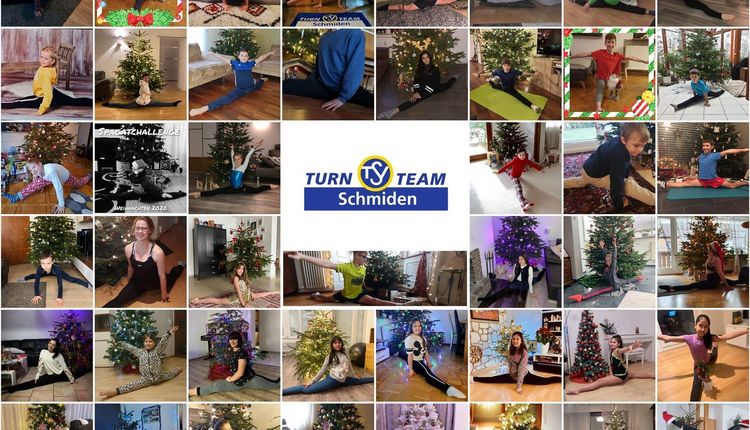 Spagat-Challenge vorm Weihnachtsbaum