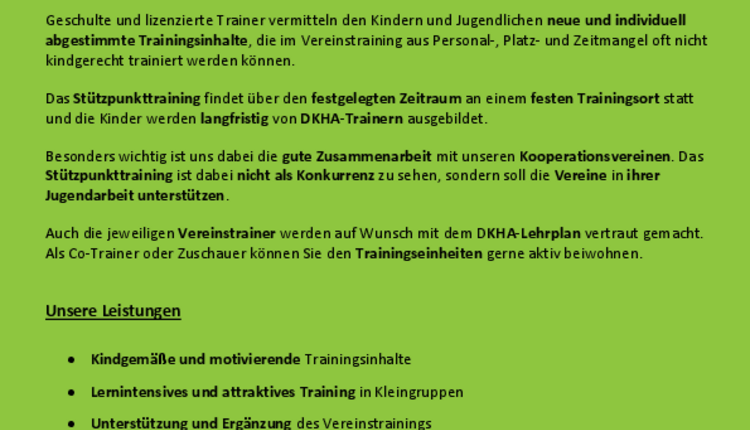 Wöchentliches Stützpunkttraining der DKHA ab Januar in Oeffingen